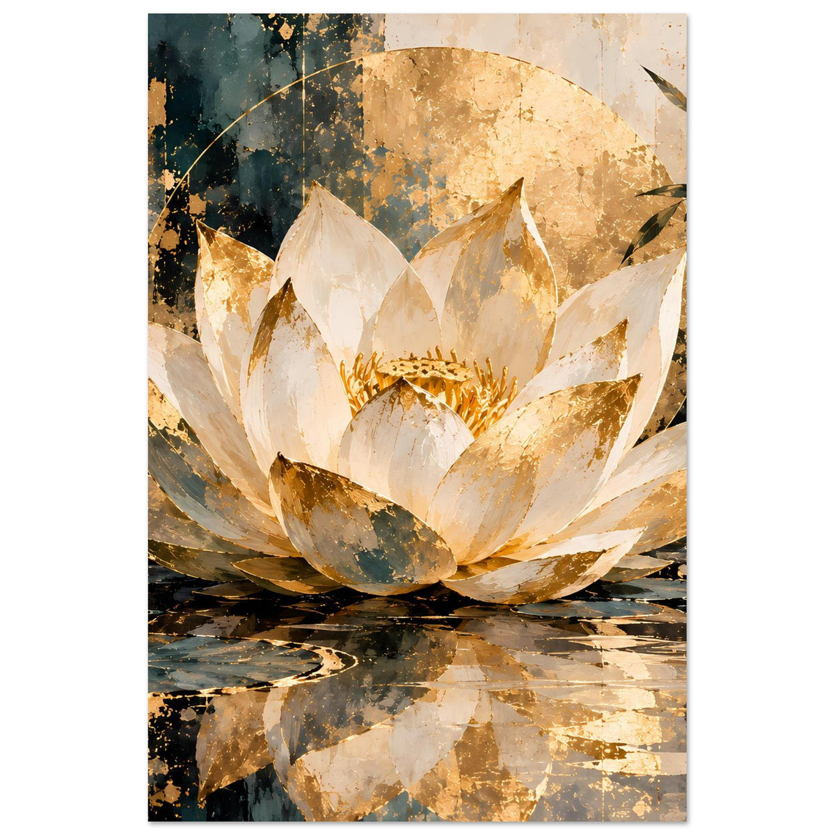 Lotus-Poster im Hochformat mit weiß-goldener Blüte, grün-blauen Farbflecken und Spiegelung