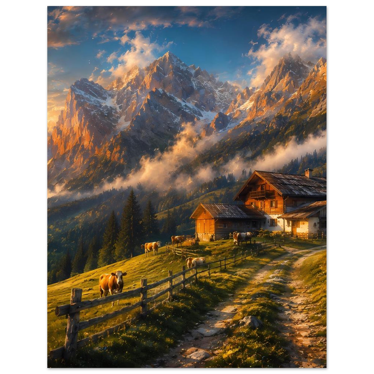 Poster im Hochformat mit Almhütte, Kuhherde im Weidezaun und Bergen unter Wolken