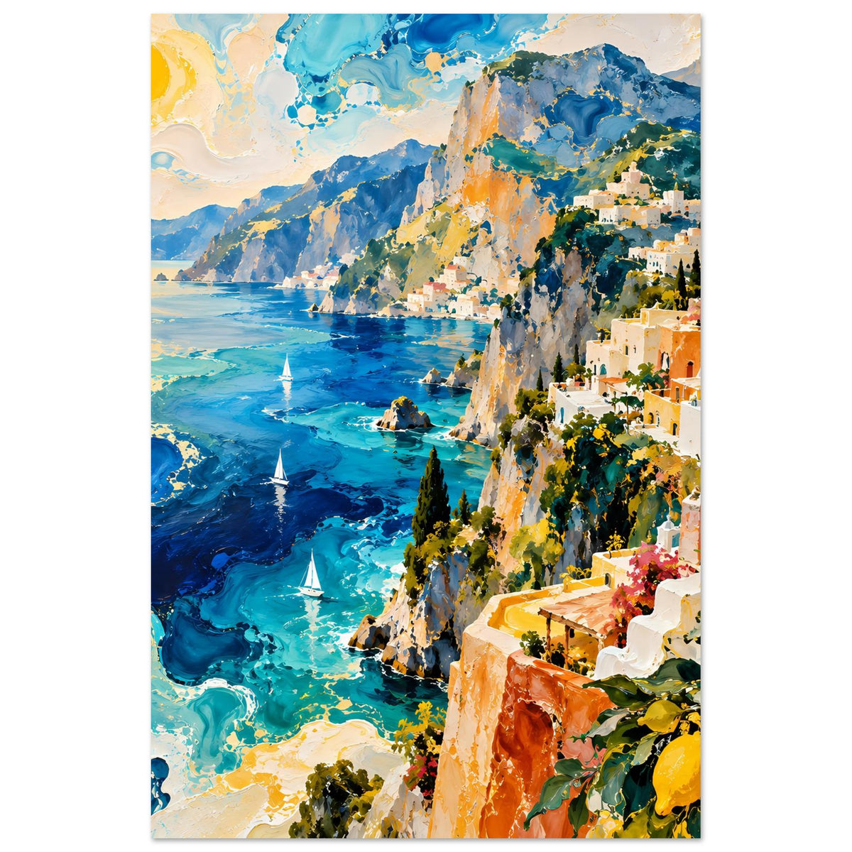 Hochformatiges Küstenlandschafts-Poster mit blauem Wasser, weißen Gebäuden und goldenen Details