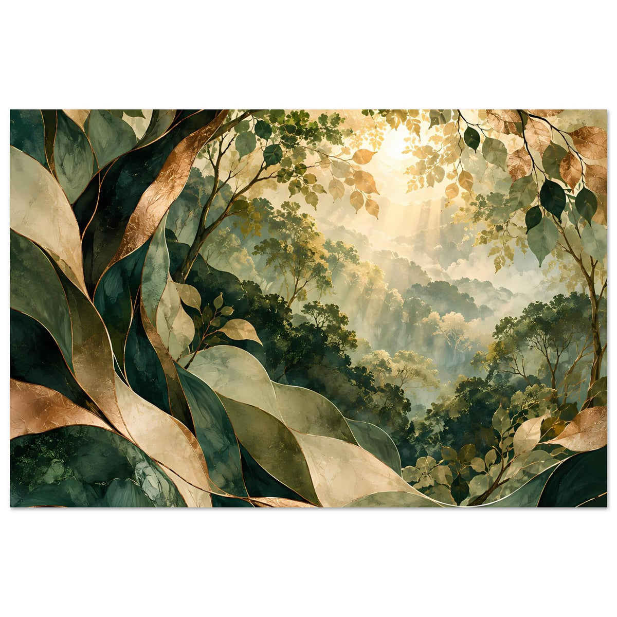 Naturposter im Querformat mit grünen Baumkronen, goldenen Lichtflecken und Blättern im Vordergrund