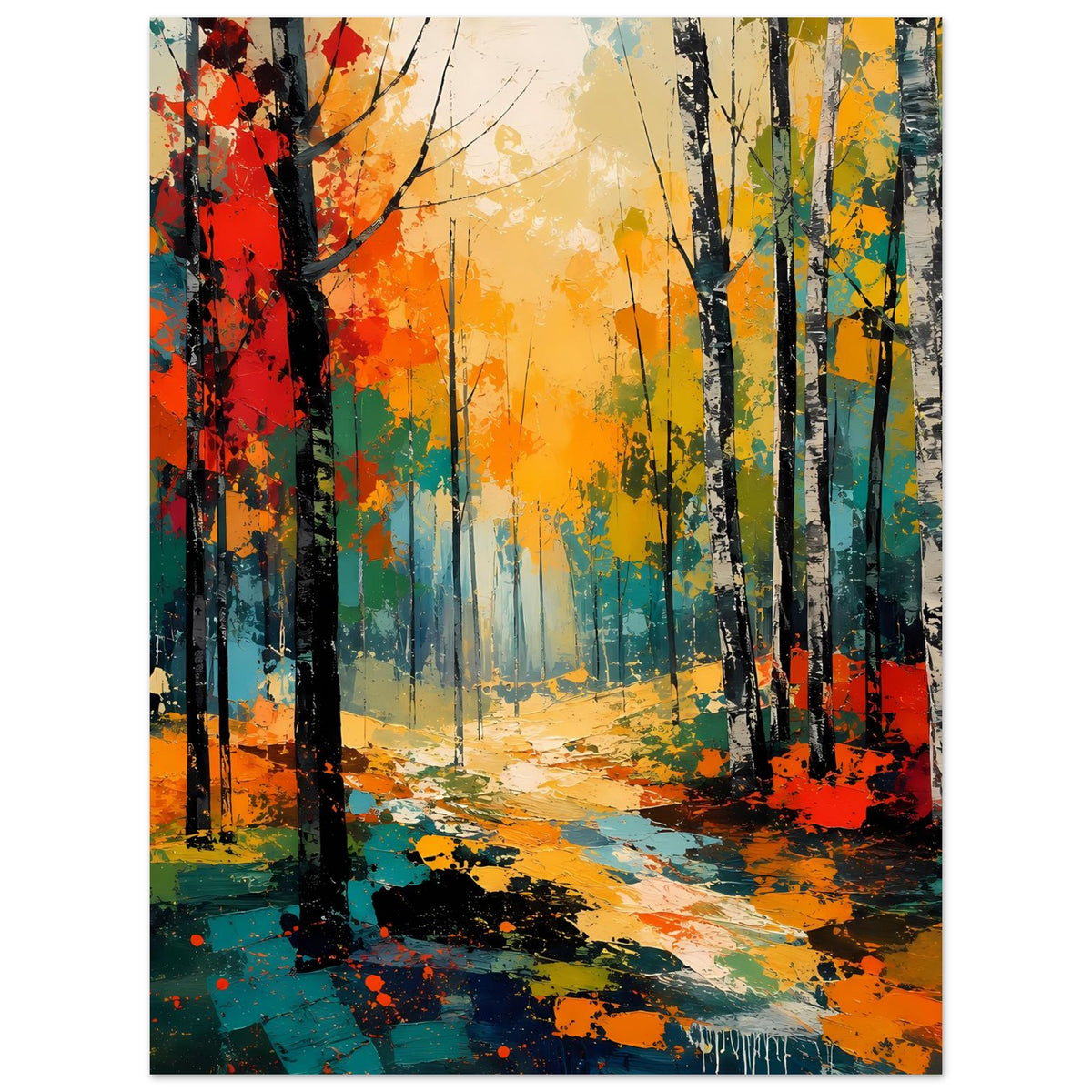 Herbstwald-Poster vertikal: Waldweg mit orange-blauen Farbflecken und dunklen Baumstämmen