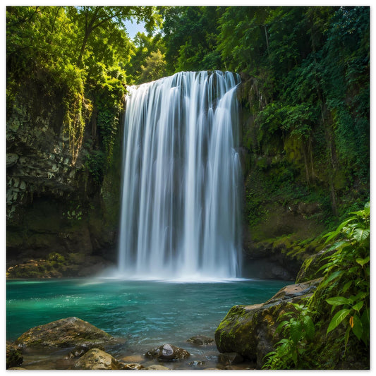 Wasserfall-Poster mit türkisfarbenem Becken und grünem Wald im Hintergrund
