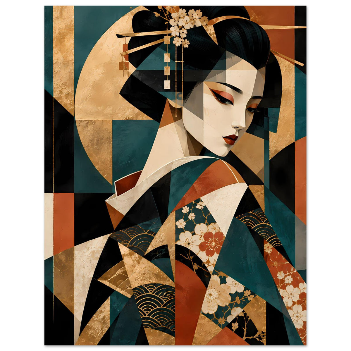 Geisha-Kunstposter, vertikal: Gesicht und Kimono in Türkis-, Rot- und Goldtönen
