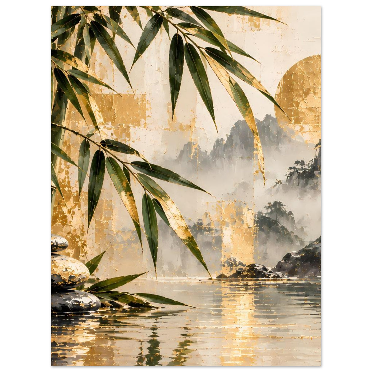Vertikales Poster mit Bambuszweig, Steinen und Wasserfall in Gold- und Grüntönen