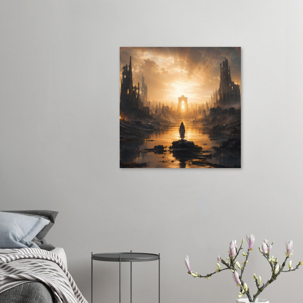 Kleines Poster mit Ruinenstadt und Fluss, Figur auf Insel vor goldenem Portal