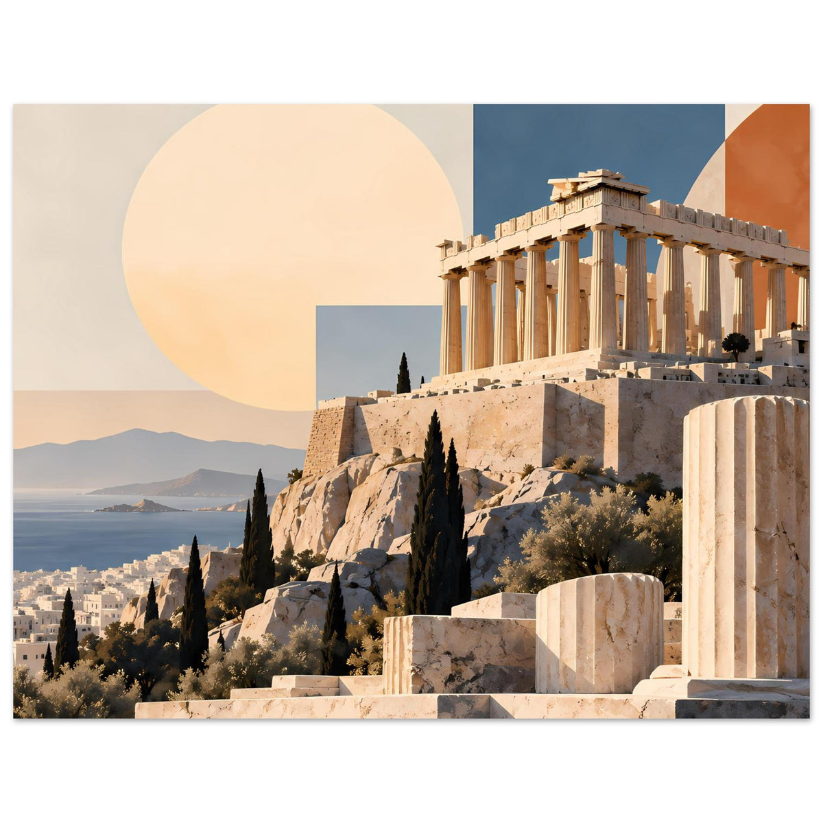 Griechenland-Poster mit Parthenon-Ruinen, Steinterrassen und rundem Sonnendesign in warmen Tönen