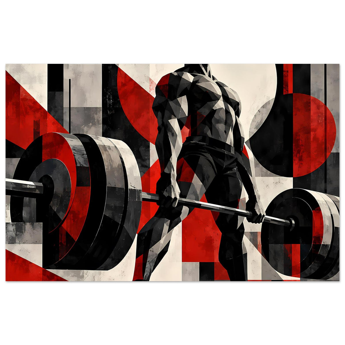 Fitnessposter mit Kraftsportler im Fokus und Hantelscheiben links, Rot-Schwarz-Kontrast