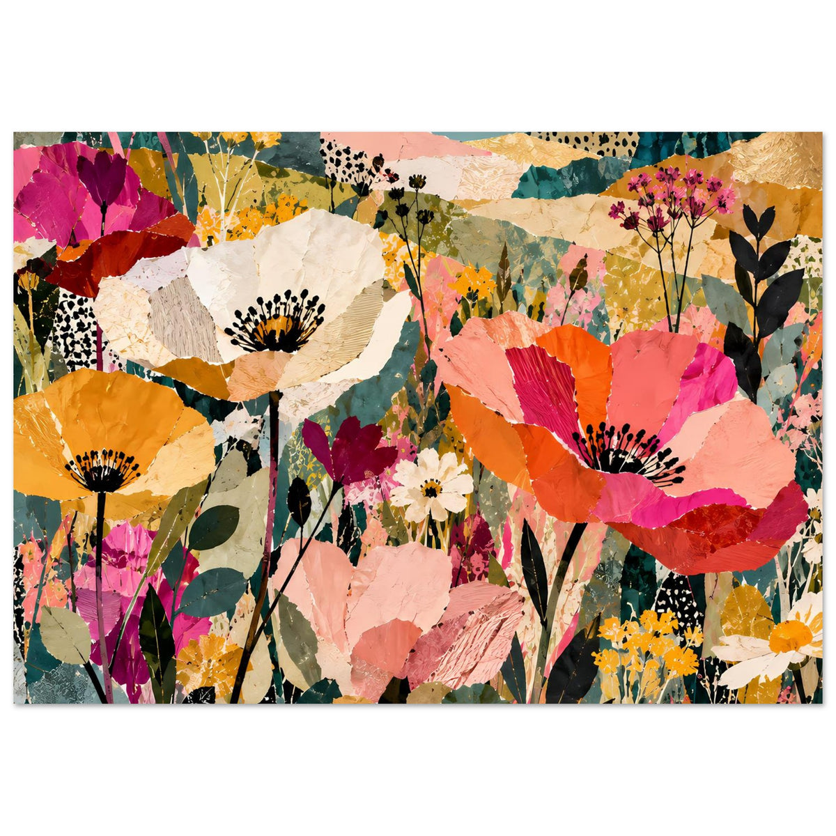 Blumen-Collage-Poster mit bunten Blüten und Blättern im Querformat