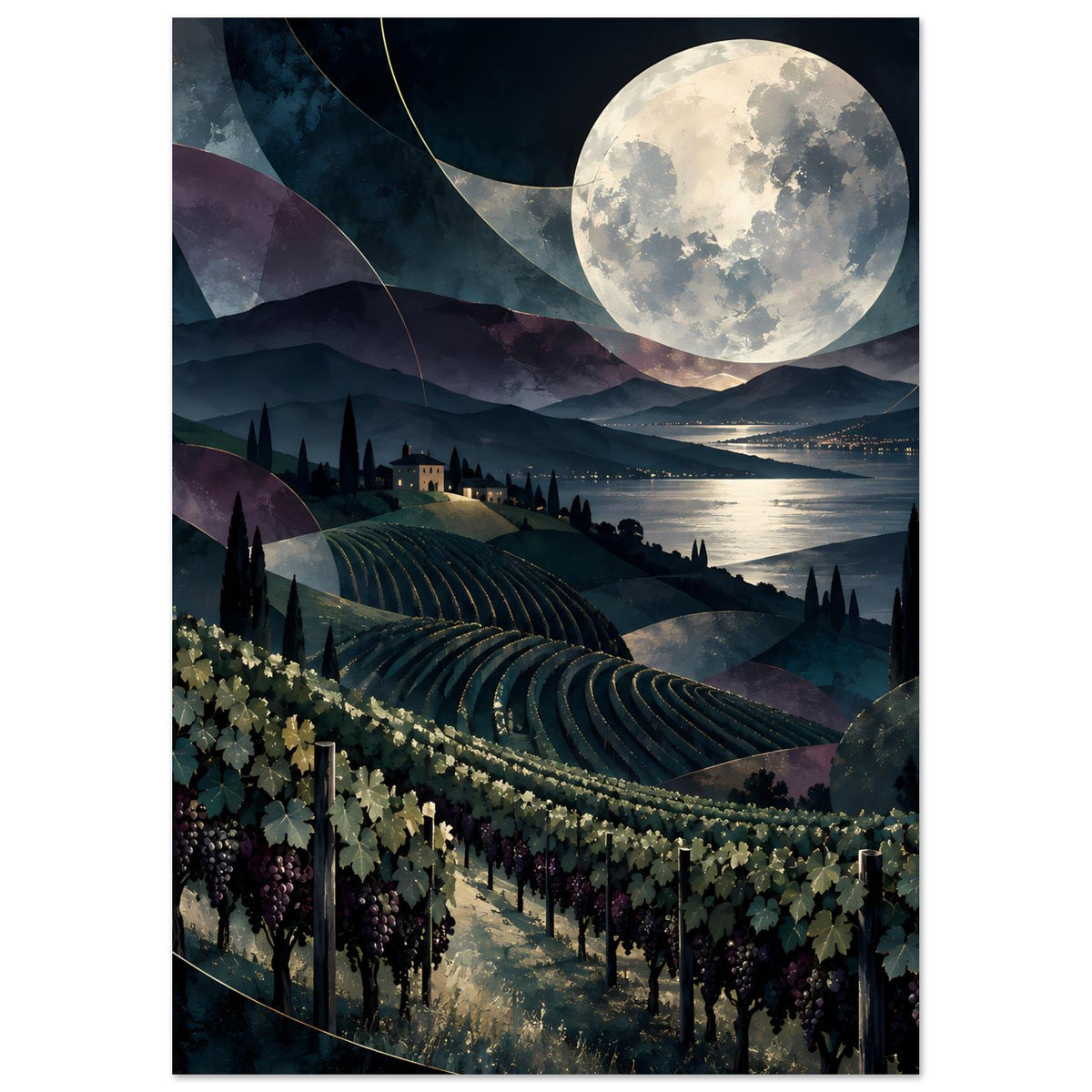 Vertikales Poster mit Weinbergen bei Nacht, großem Mond und gesprenkeltem Himmel im dunklen Rahmen