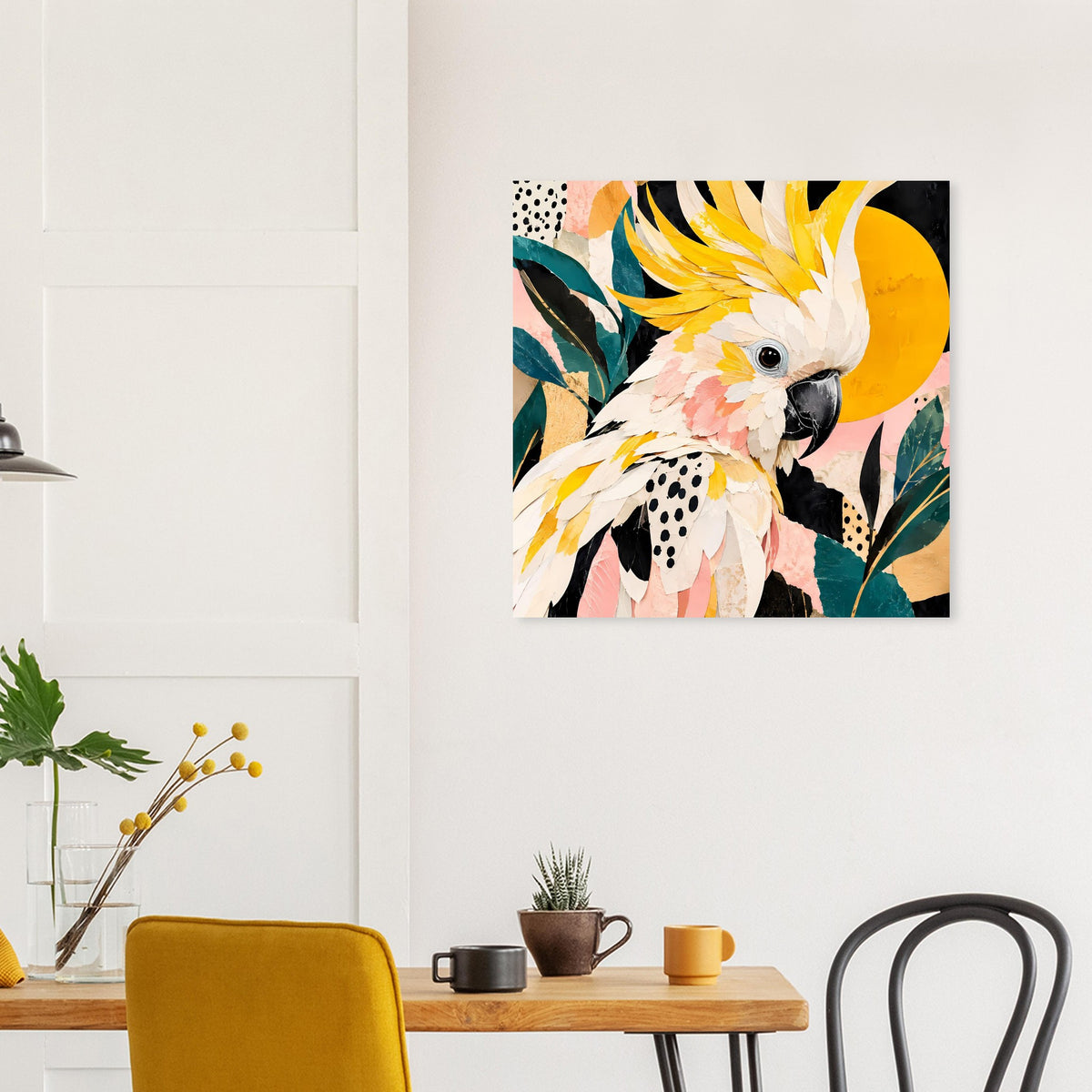 Tropisches Vogelkunst-Poster mit Kakadu in Gelb, Rosé und Petrol