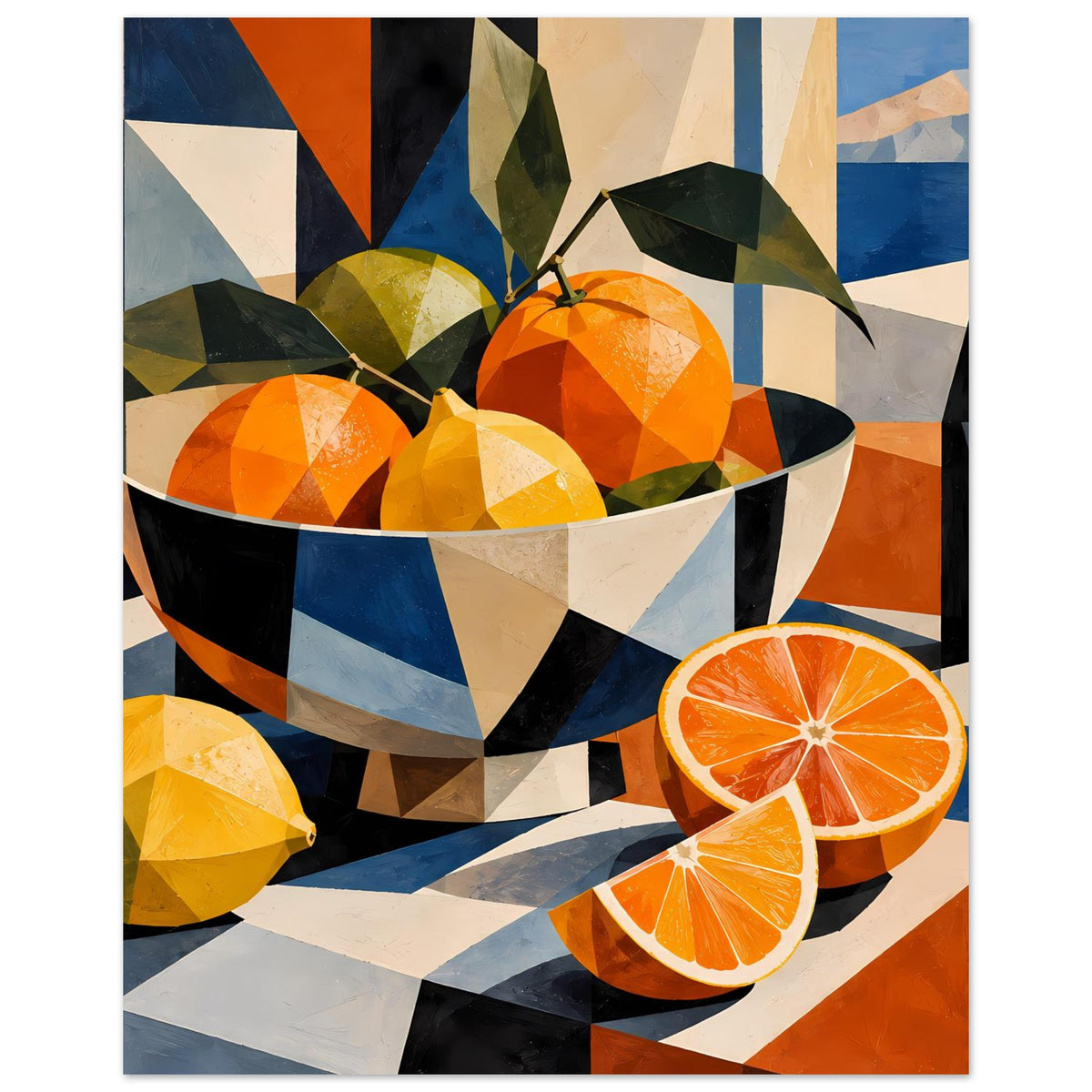 Kubistisches Poster mit Schale, Orangen und gelber Zitrusfrucht, zwei Orangenscheiben im Vordergrund