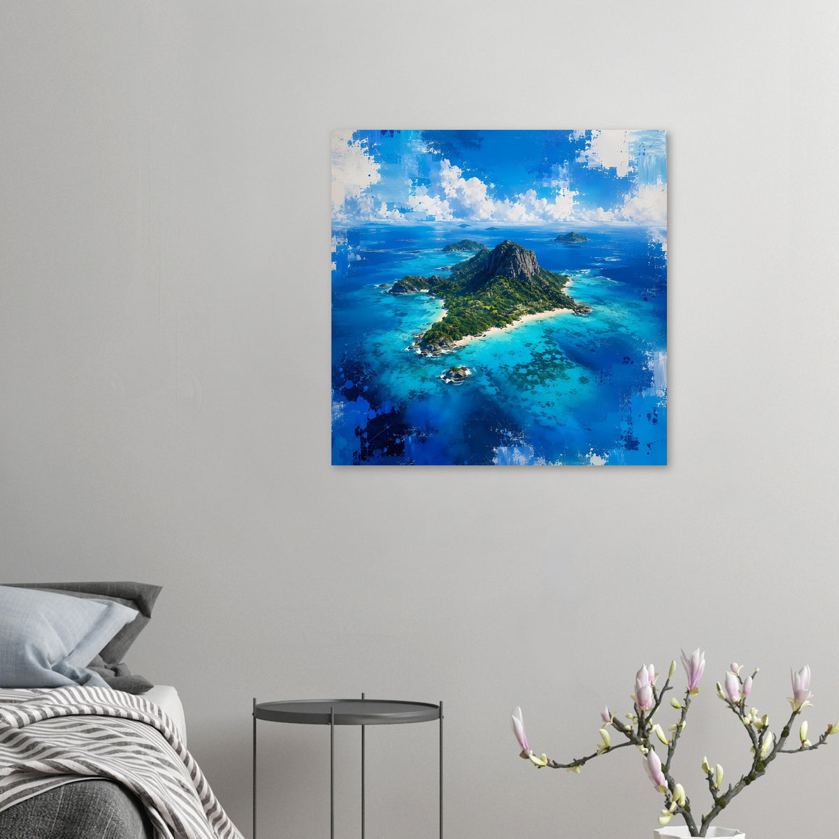 Wandposter mit tropischer Insel, Felsberg und türkisblauem Meer
