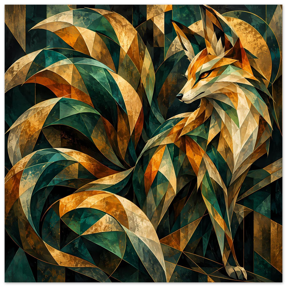 Kunstposter: Fuchsfiguras aus transparent wirkenden Polygonen in Smaragd und Gold