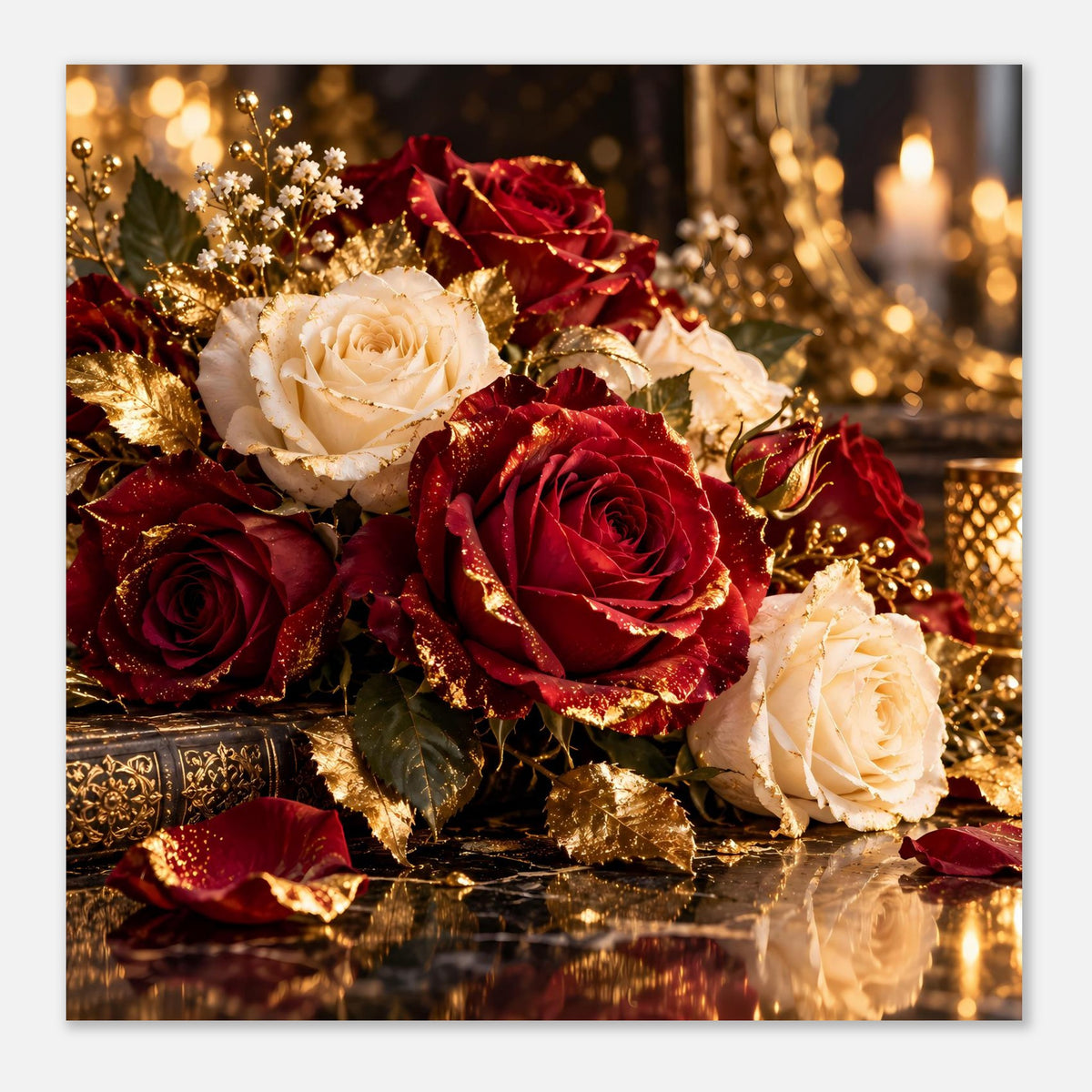 Poster mit Rosenstrauß: cremeweiße und bordeauxrote Rosen, goldfarbene Blätter und glänzendes Finish.