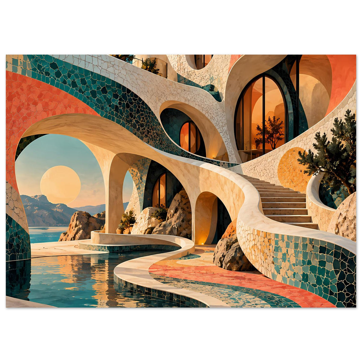 Kunstposter: Mosaik-Architektur mit Wasserrinne, türkisfarbener Kacheloptik und Koralllinien