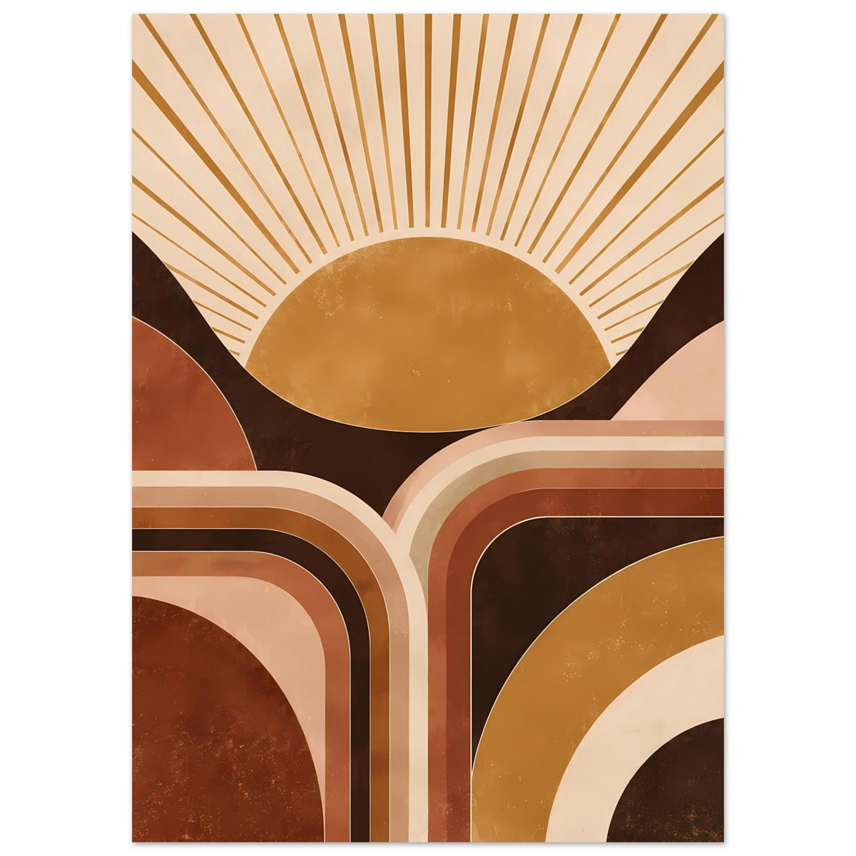 Wandposter mit Sonnenaufgang-Optik: Sonnenkreis, Strahlen und rechteckig gerahmte Bögen
