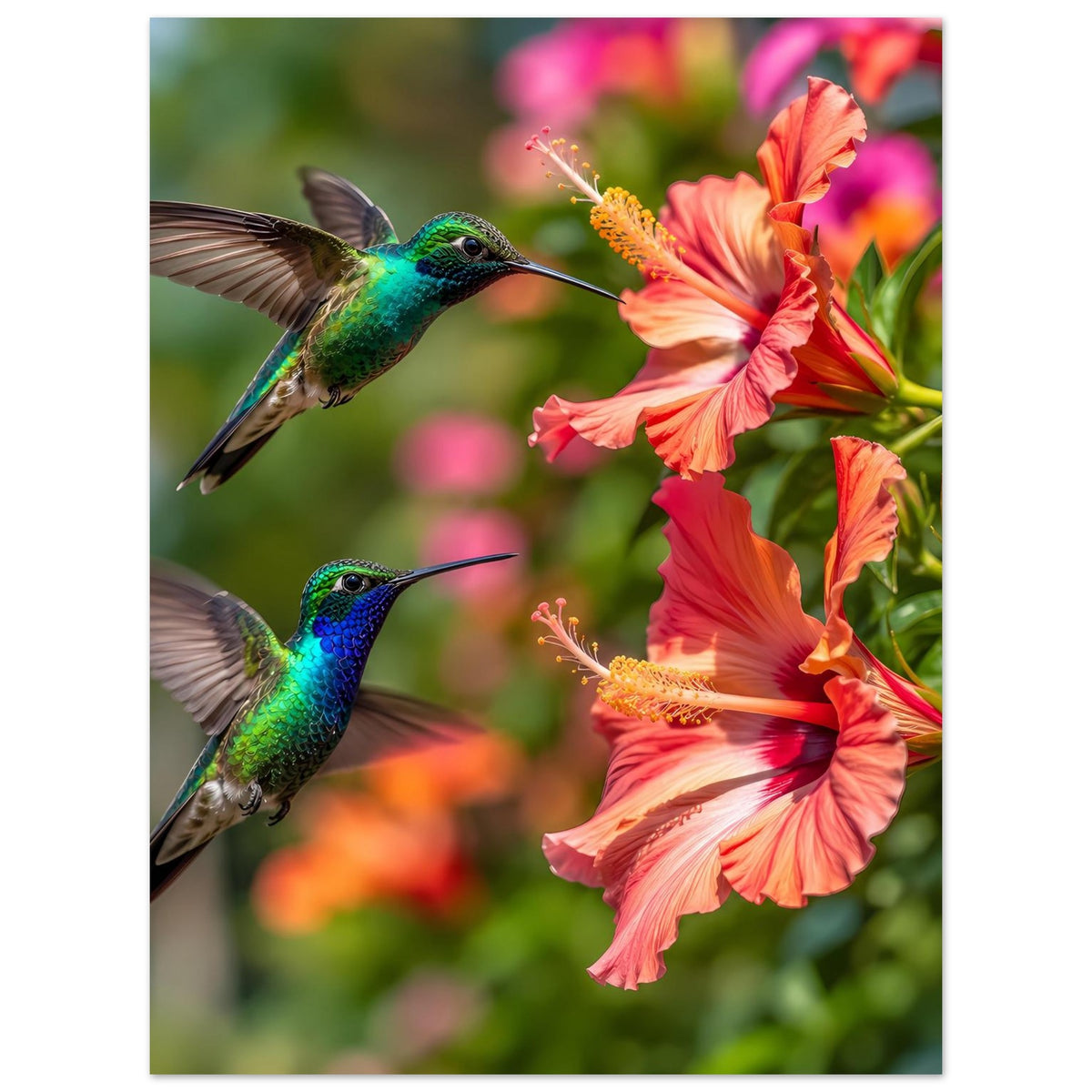 Vertikales Poster mit zwei Kolibris und orange-roten Hibiskusblüten