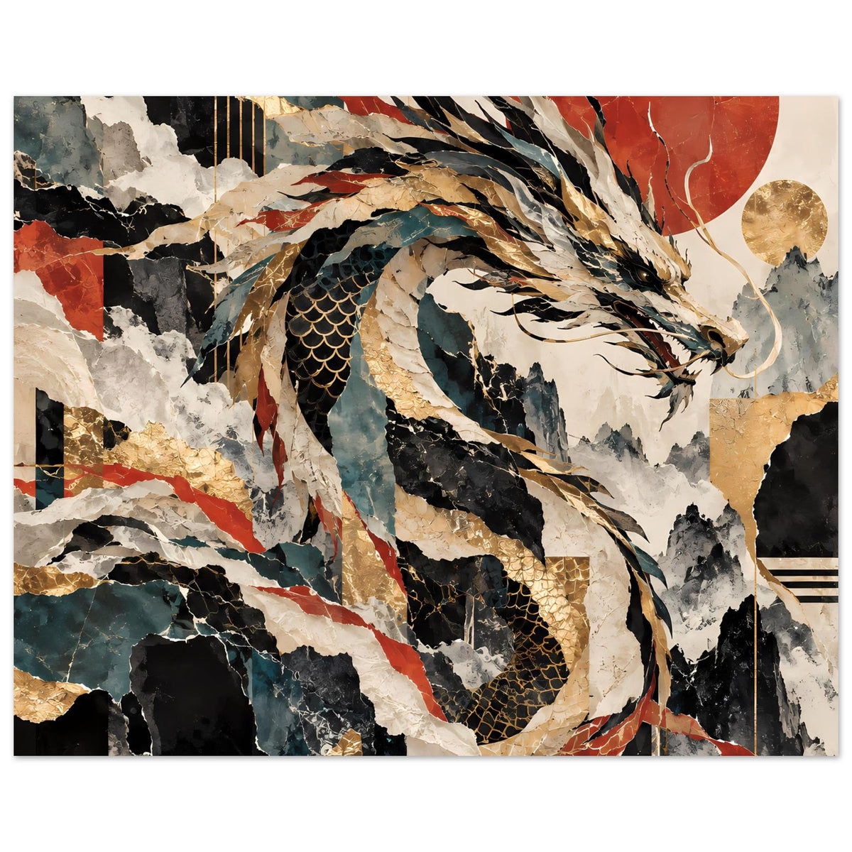 Drachen-Poster im Rahmen, abstraktes Motiv mit Gold-, Rot- und Blautönen, horizontal