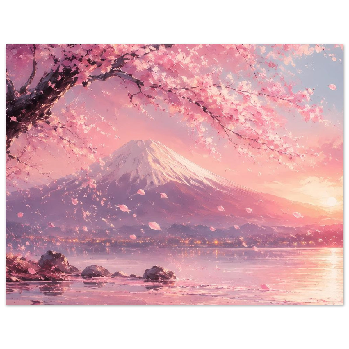 Horizontales Poster mit Fuji-Vulkan, Kirschblüten und spiegelndem Meer bei rosafarbenem Dämmerlicht