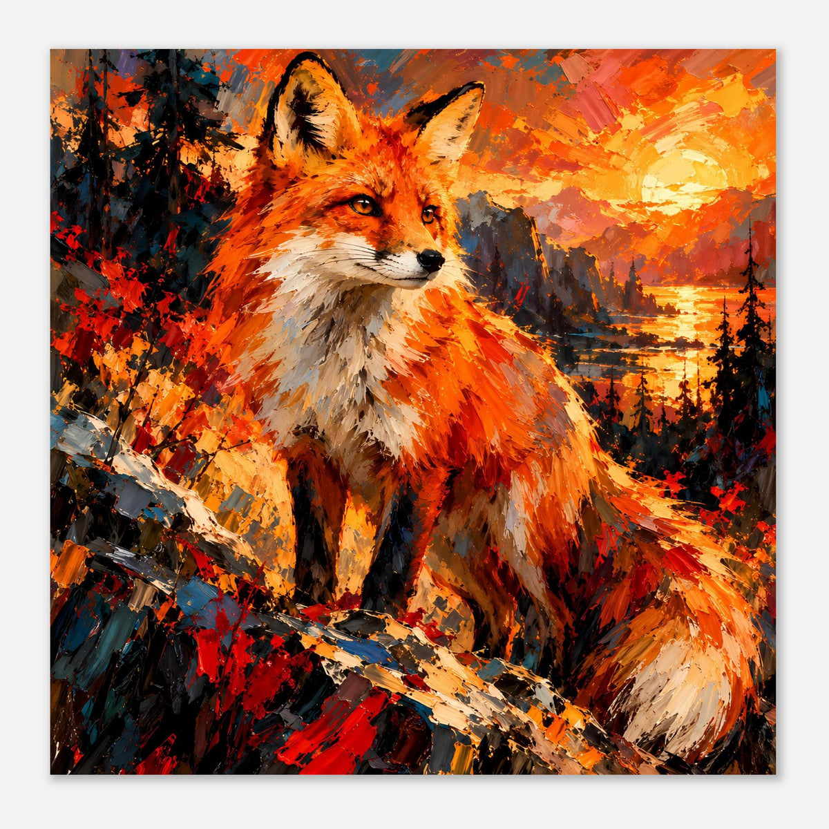 Quadratisches Poster mit Fuchs-Porträt, leuchtende Orange-Rot-Pinselmalerei