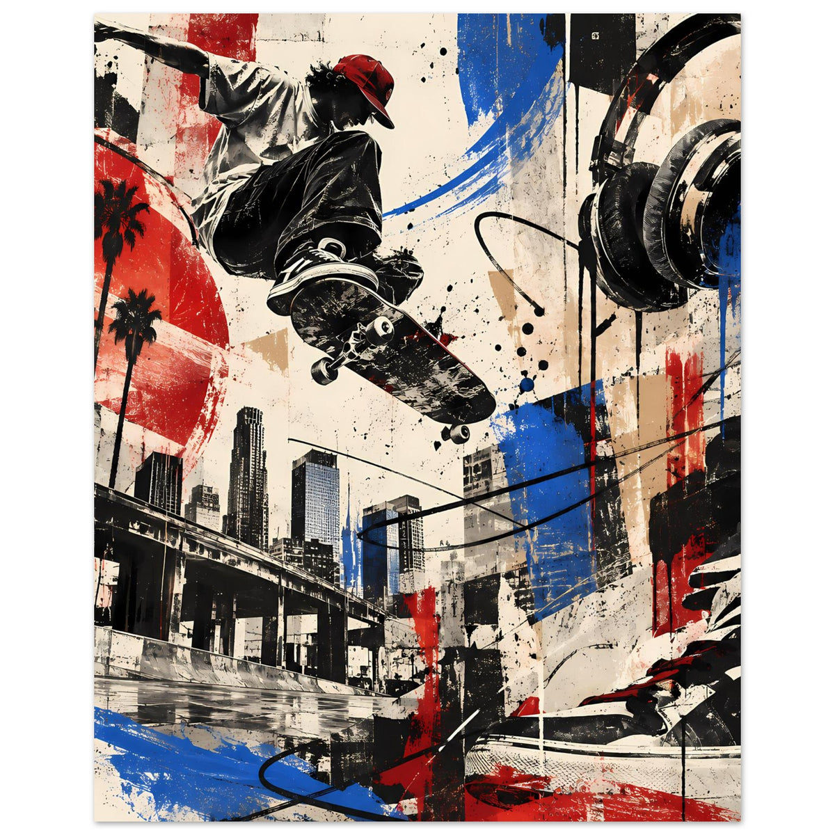 Wandposter mit Skater im Graffiti-Stil, Kontrastflächen in Rot, Blau, Schwarz
