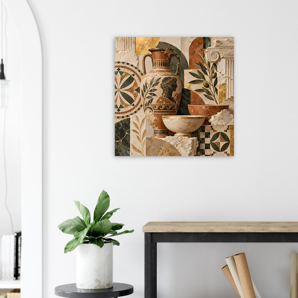 Quadratisches Mosaik-Poster mit Reliefgefäß, Blätterzweig und vielfältigen Fliesenmustern