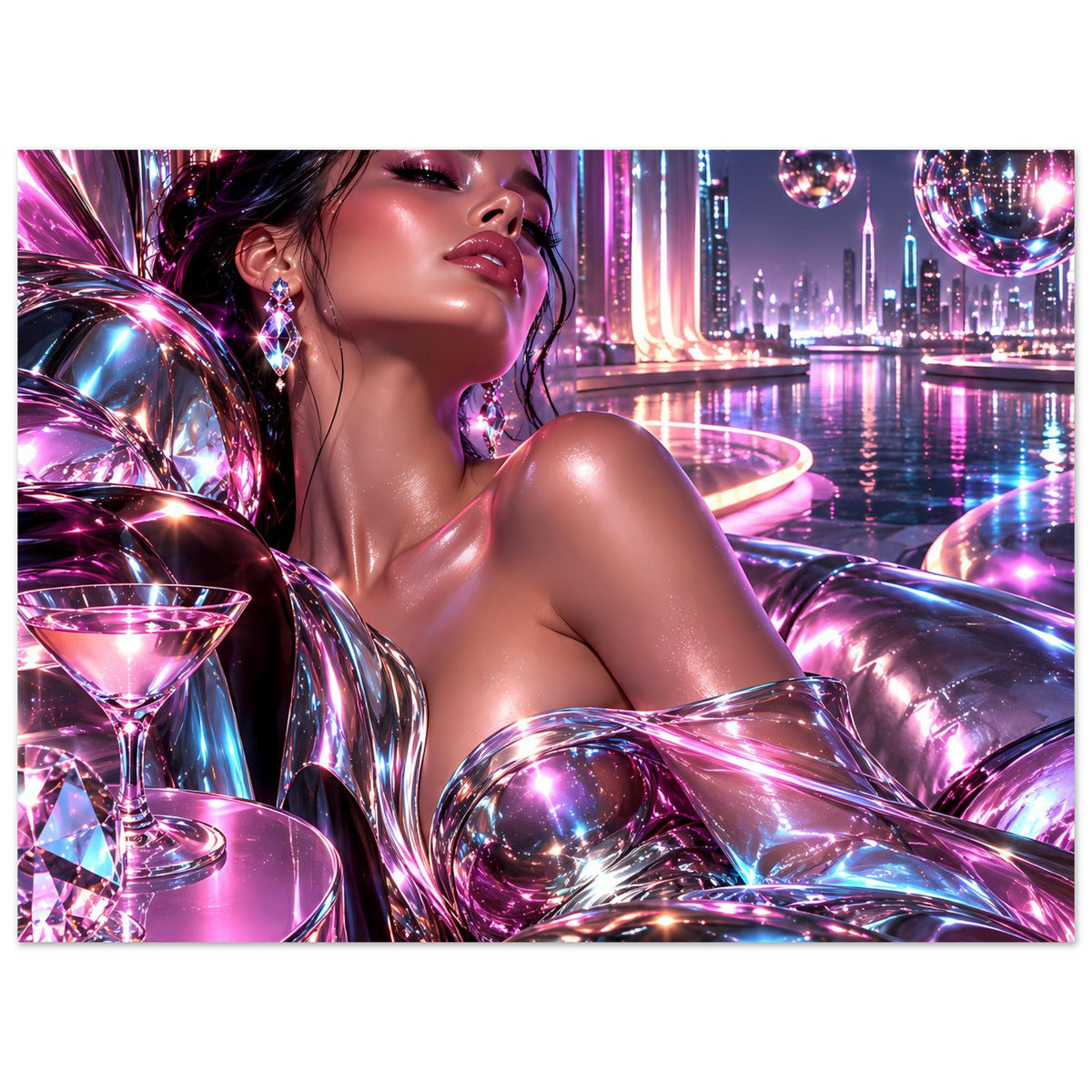 Neon-Glamour-Poster, Nahansicht: Gesicht und Oberkörper der Frau mit schimmernden Ohrringen
