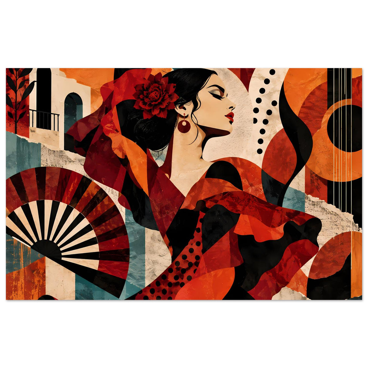 Dynamisches Tanzposter mit Flamenco-Tänzerin, rotem und schwarzem Design mit Fächer