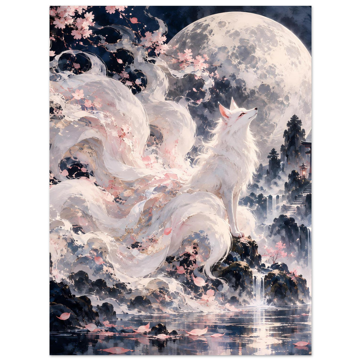 Fantasy-Poster im Hochformat: weißer Fuchs vor Vollmond, Kirschblüten und Waldsilhouetten