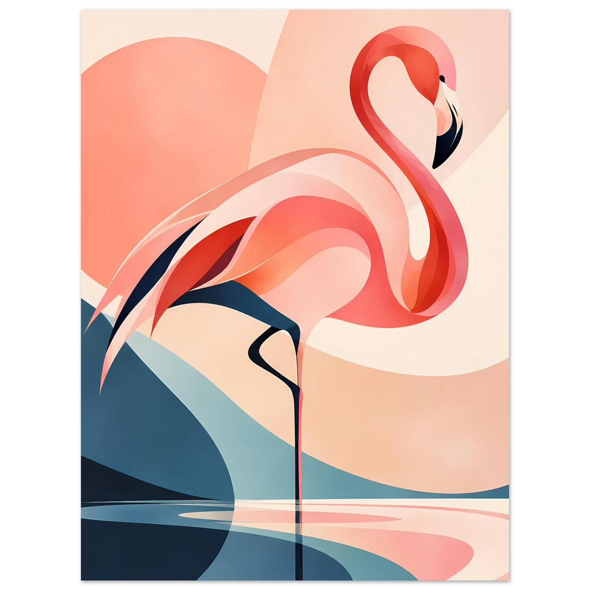 Flamingo-Sonnenuntergangs-Kunstdruck mit stilisiertem Flamingo und abstrakten Farbverläufen