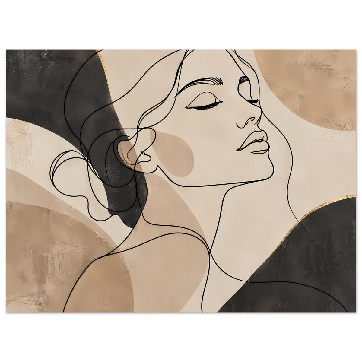 Kunstposter mit Gesicht in Konturenlinie, Beige, Schwarz und dunkle Halbformen