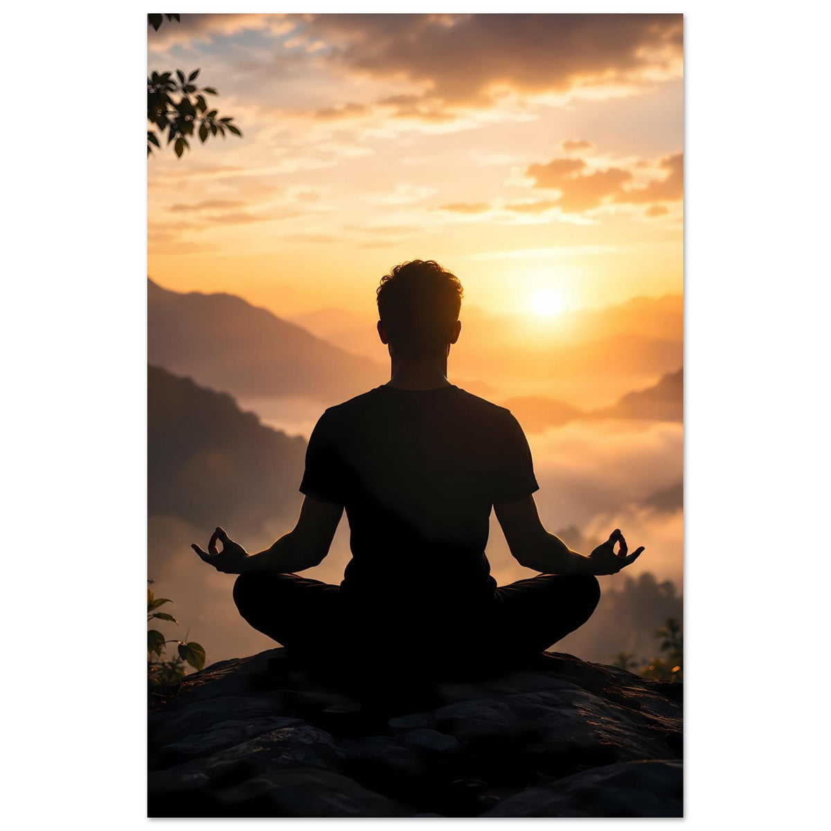 Meditationsposter mit sitzender Silhouette vor Sonnenuntergang über Bergen und Wolken