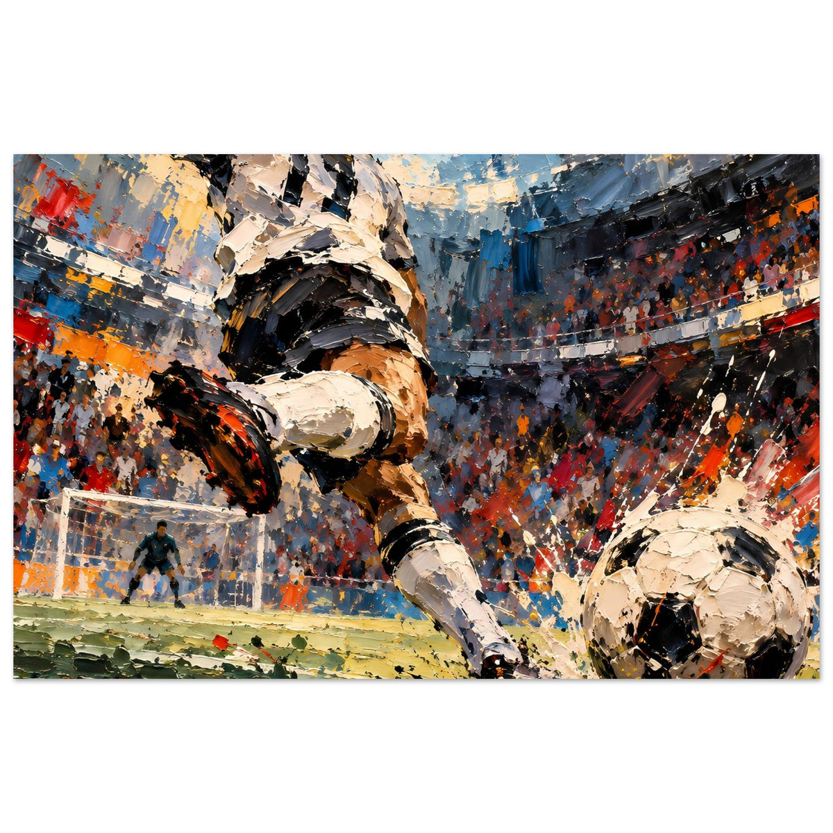 Fußball-Actionposter im Querformat: Spieler im Schuss, Tor und volle Tribüne