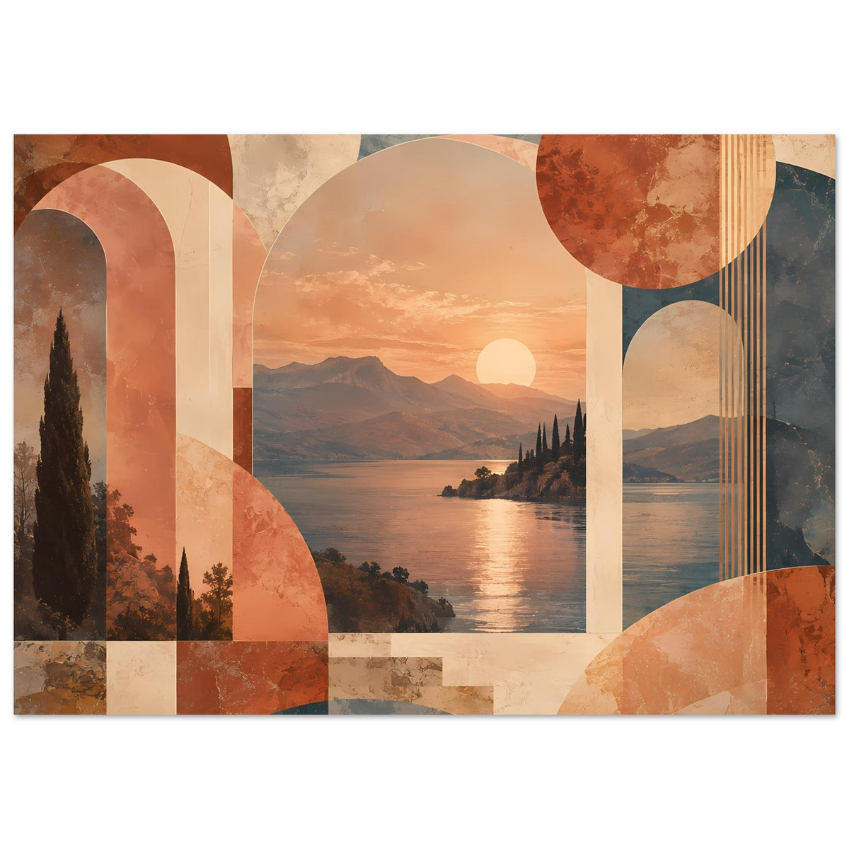 Abstraktes Poster mit Sonnenuntergang, See und Bergen; große Bögen, Kreise und Blockmuster
