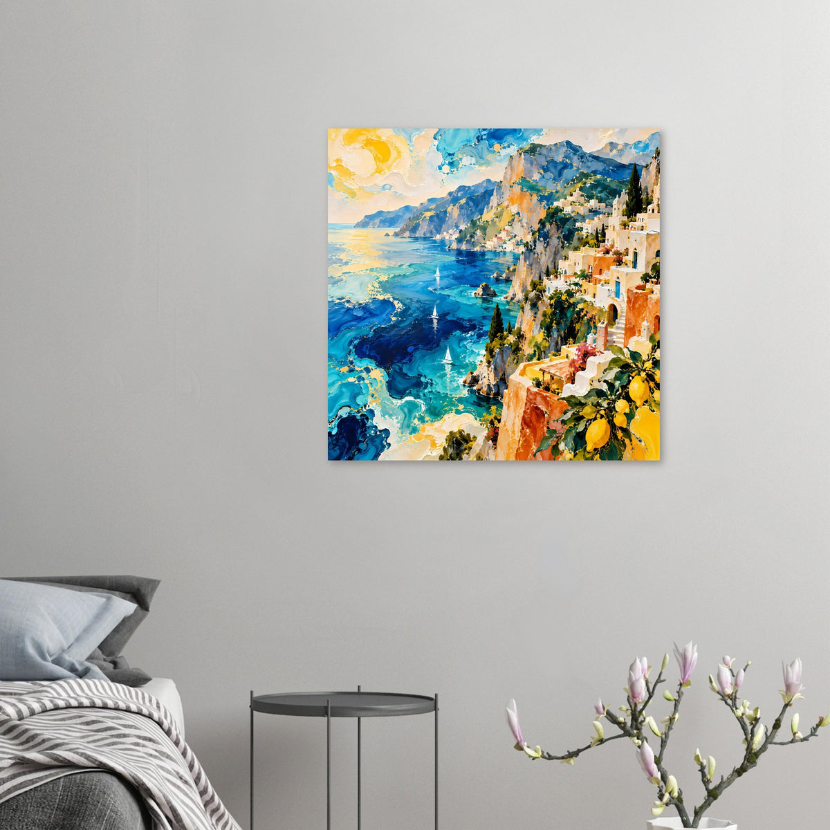 Kleines Küstenlandschafts-Poster: blaues Meer mit türkisen Bereichen und orangefarbener Steilküste