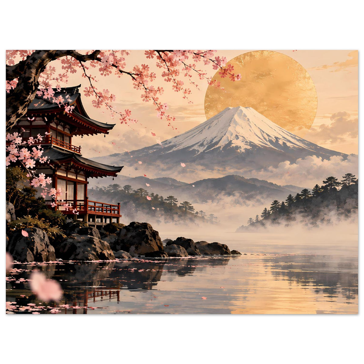 Poster mit Kirschblüten, Fuji-Berg, großem Sonnenkreis und Teichspiegel am Rand