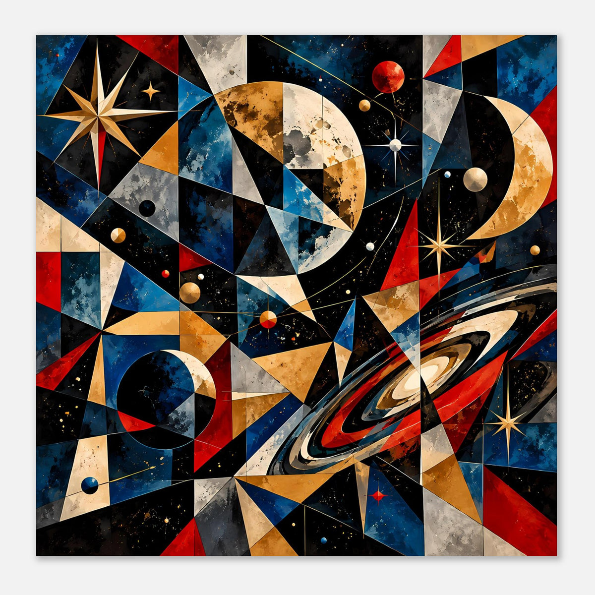 Weltraum-Poster mit Mondsichel, Planeten und geometrischem Collagemuster in Blau, Rot, Gold