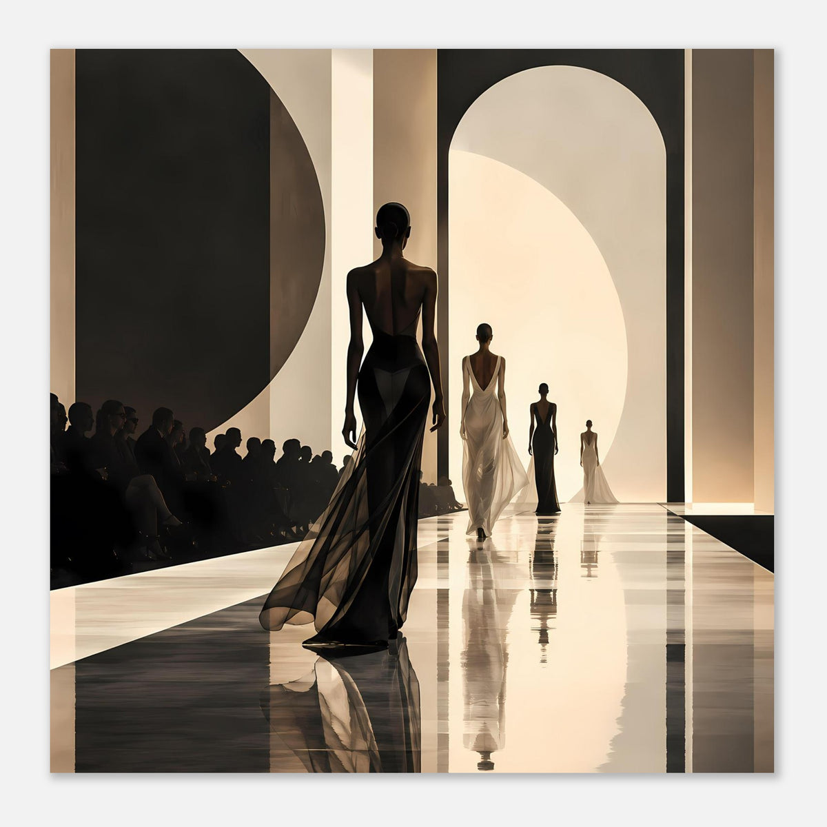 Poster (Querformat): Laufstegszene mit schwarzen Silhouetten und hellen Kleidern im Monochrom