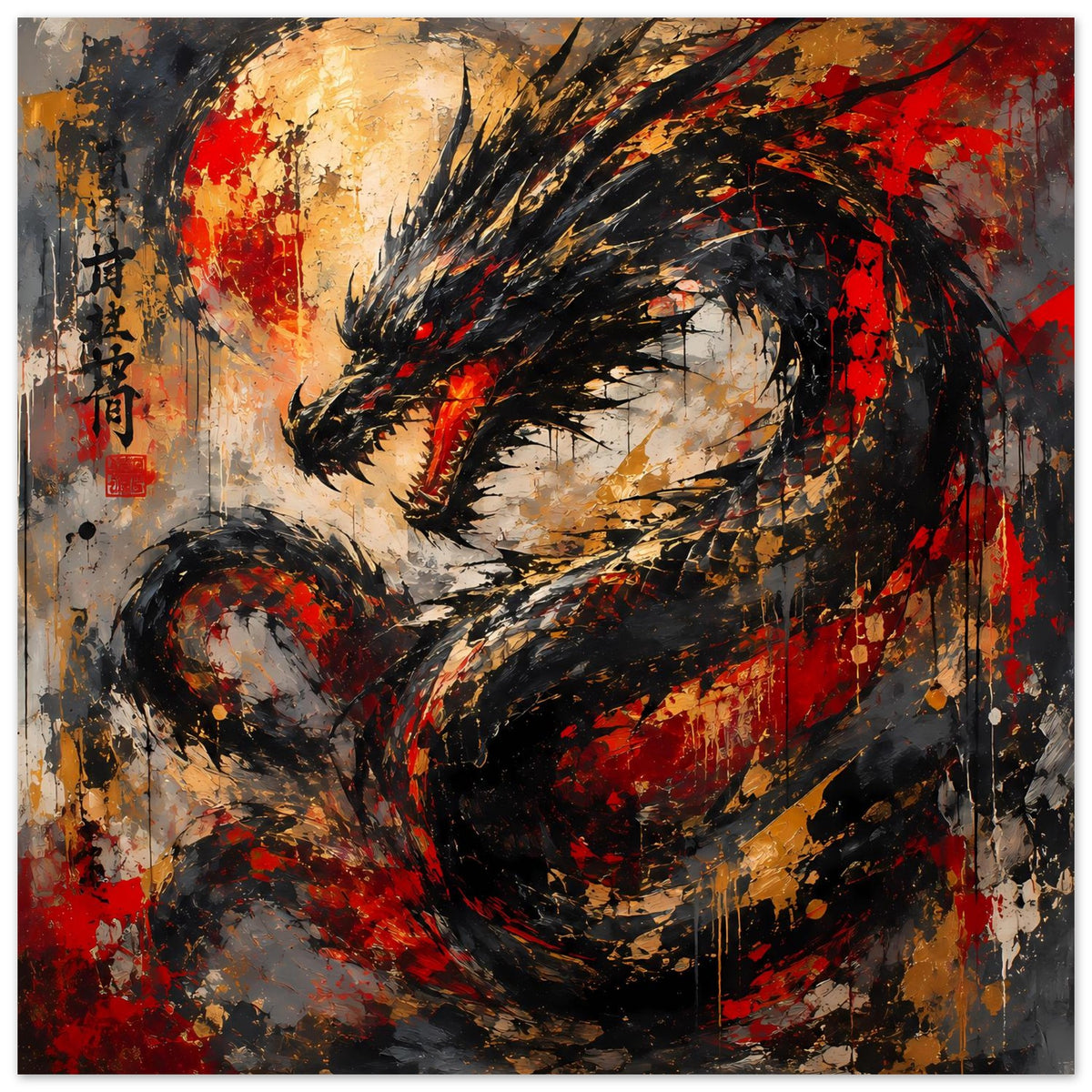 Abstraktes Drachenkunst-Poster: schwarze Flügel vor roten und goldenen Spritzflecken