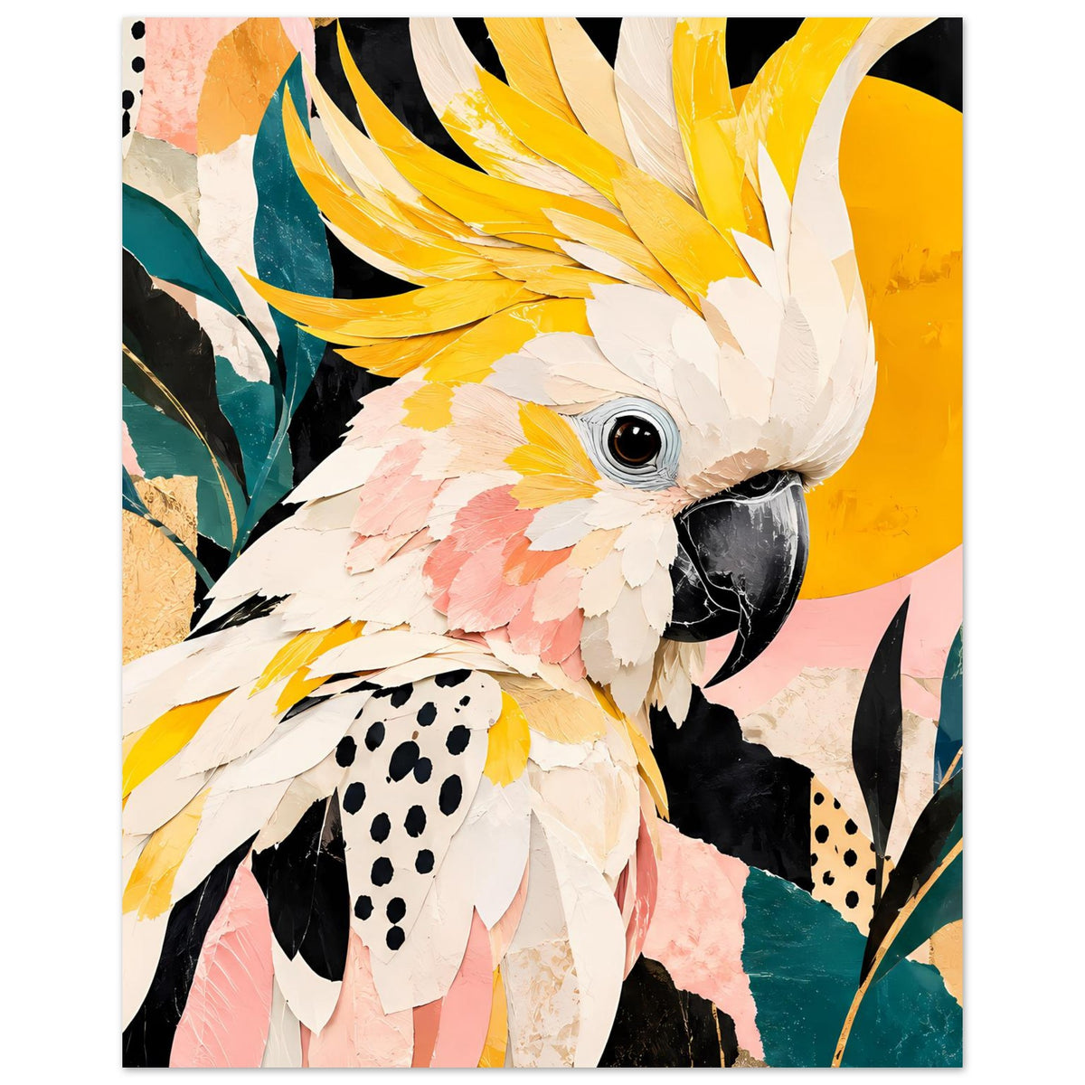 Vogelkunst-Poster Kakadu im Detail, gelbe und weiße Federn, rosa Akzente, gerahmt