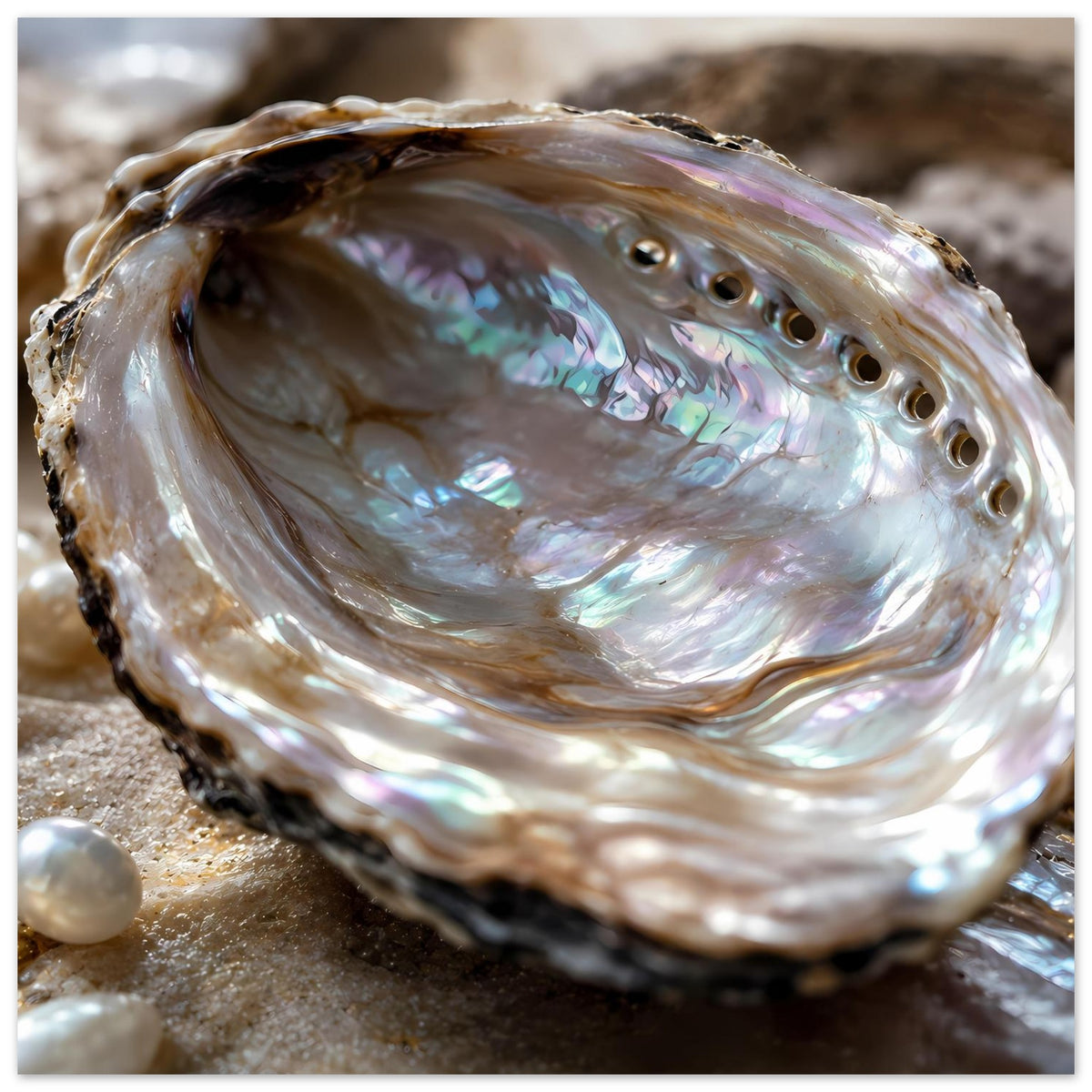 Maritimes Poster: Abalone-Muschel mit Perlmuttglanz, Schalenrand und kleinen Perlen