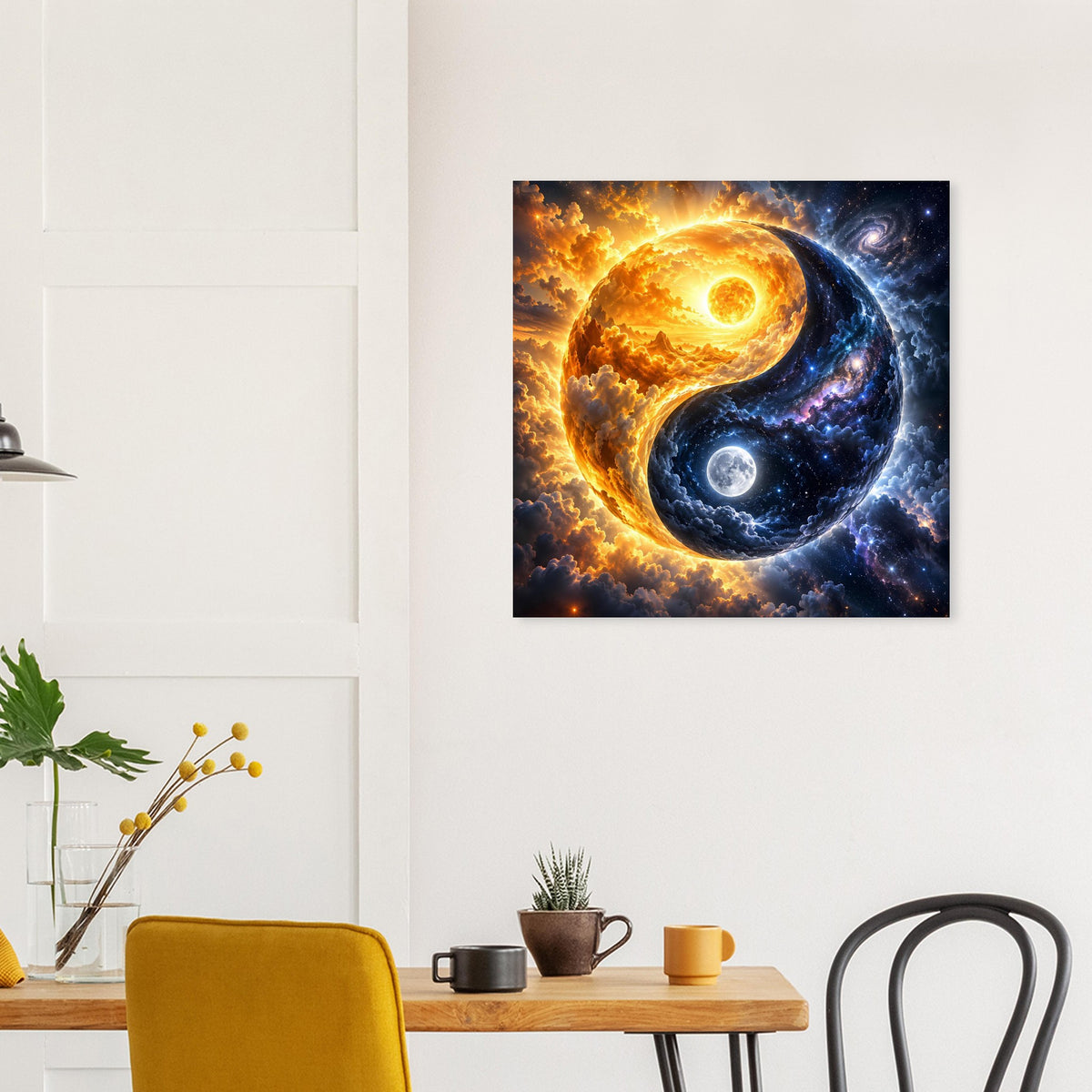 Gerahmter Artprint mit kosmischem Yin-Yang: goldene Flammen-Sonne und blauer Planet