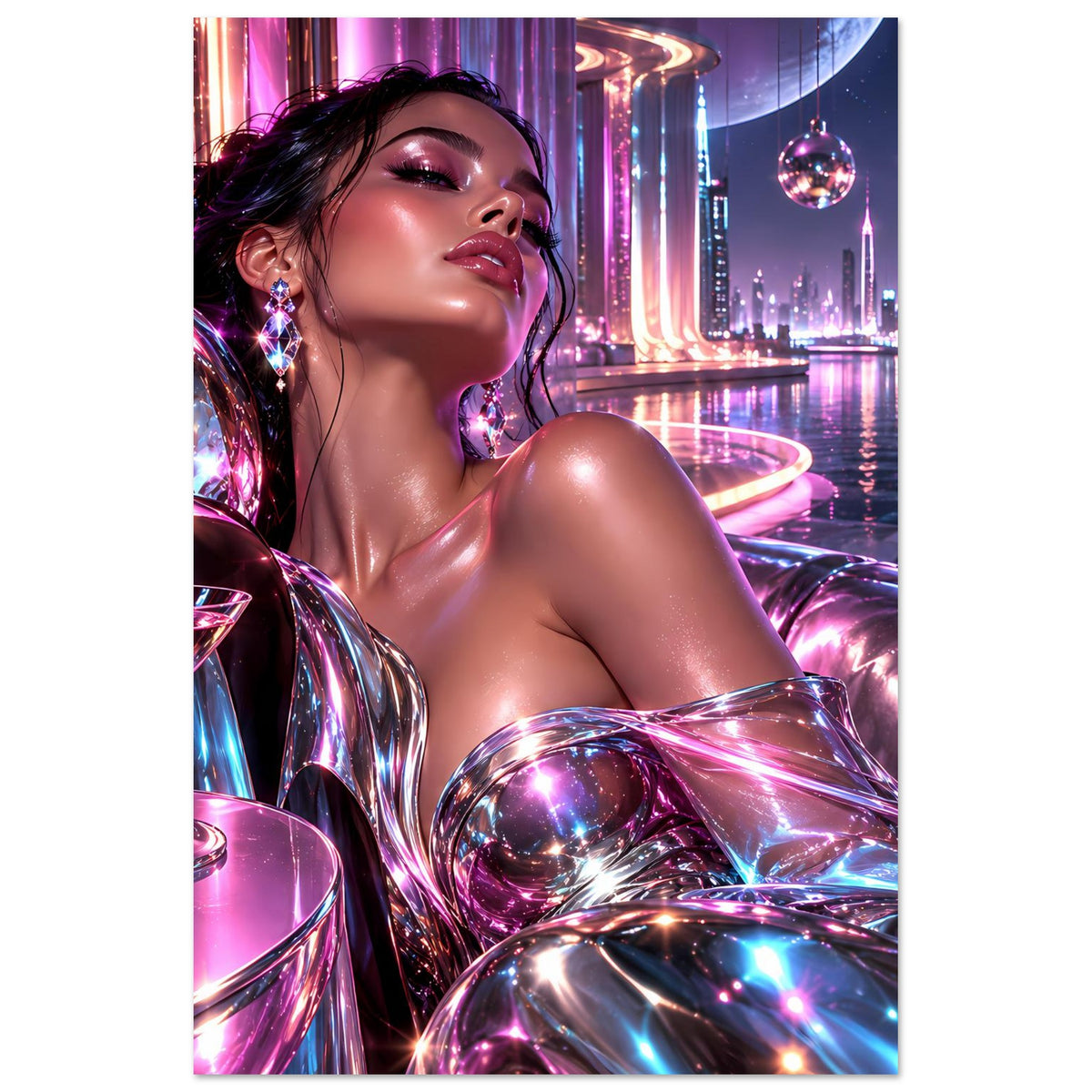 Vertikales Neon-Poster: Frau mit Schmuckohrringen, reflektierende Kugeln und Skyline