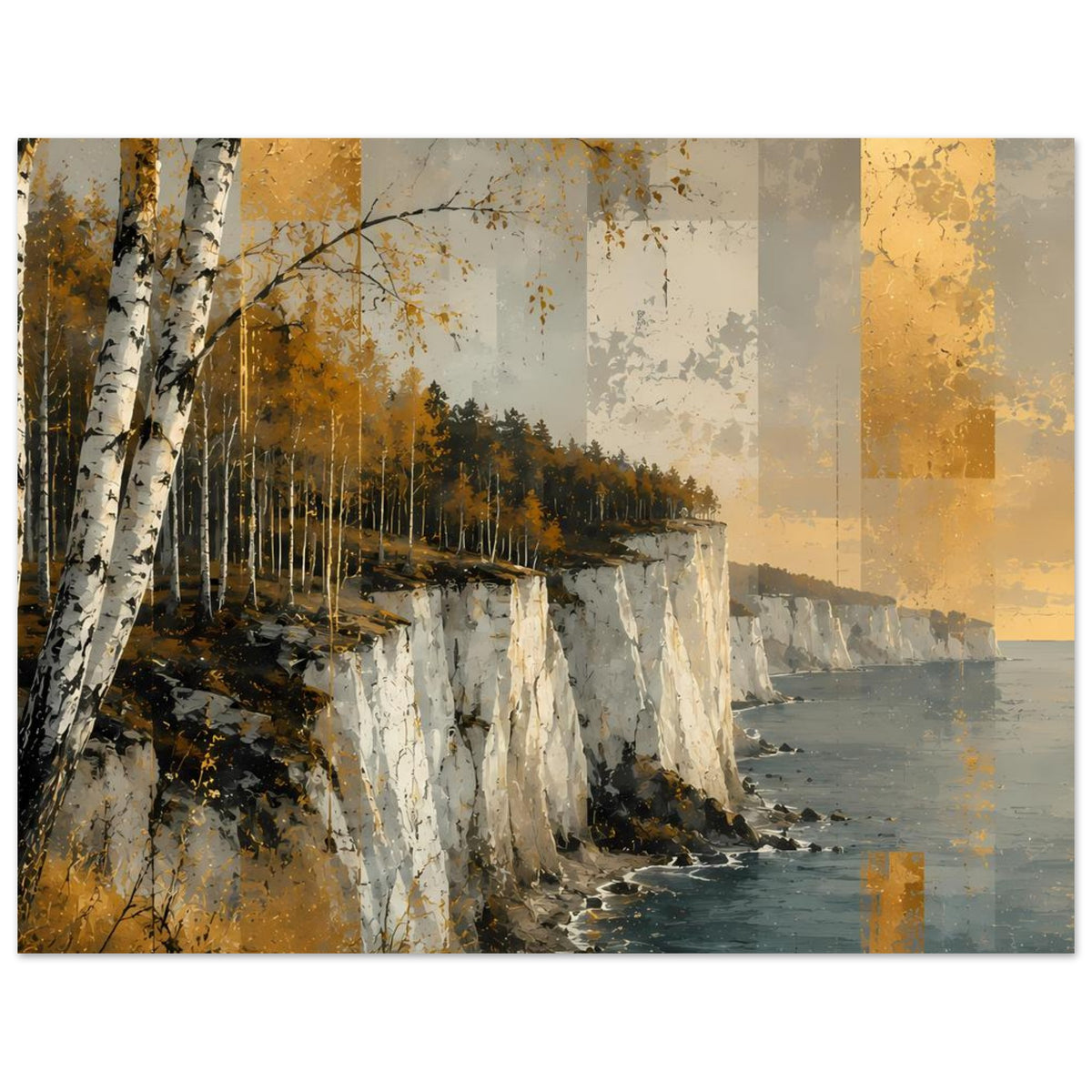 Querformat-Poster mit Küstenklippe und Meer, Birken am linken Rand, warme Gold- und Grautöne