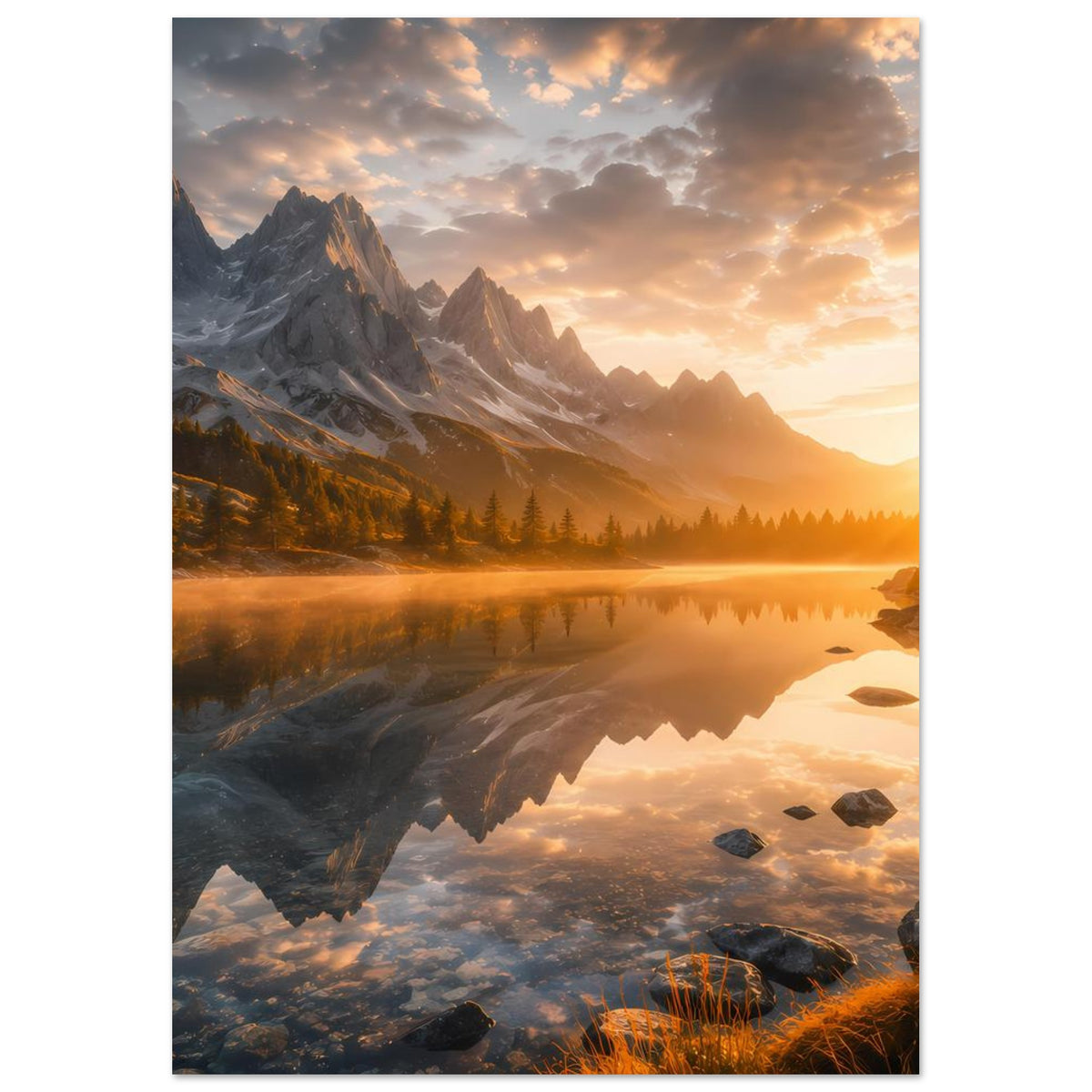 Vertikales Poster mit Sonnenaufgang über Bergsee, Spiegelung im Wasser und Felsformationen