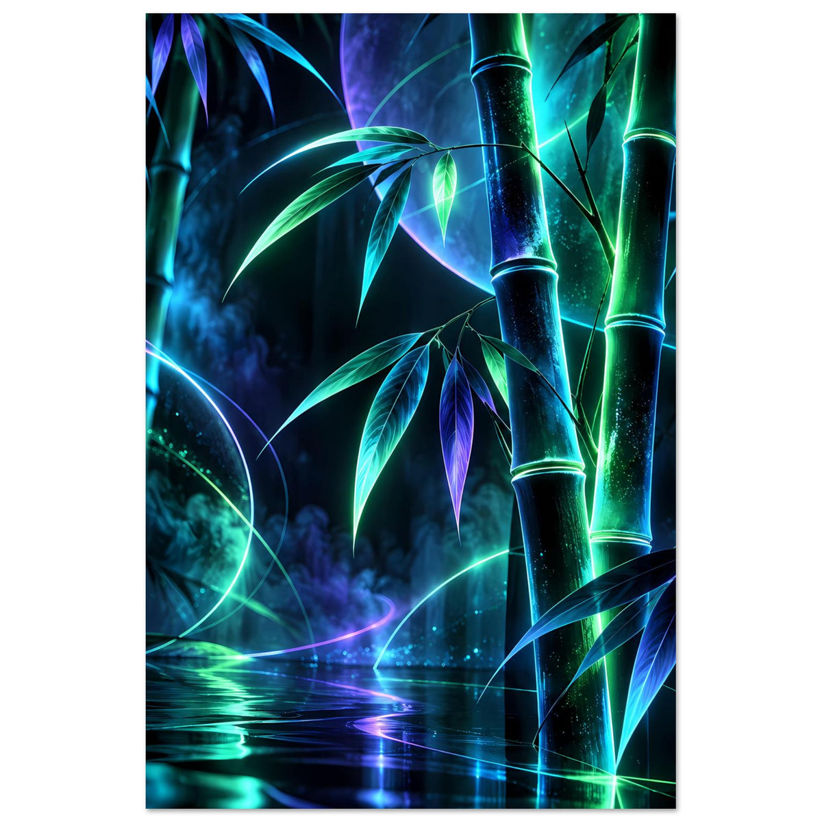 Leuchtendes Neon-Bambusposter im Hochformat mit blau-grünen Bambusstämmen und Lichtbögen