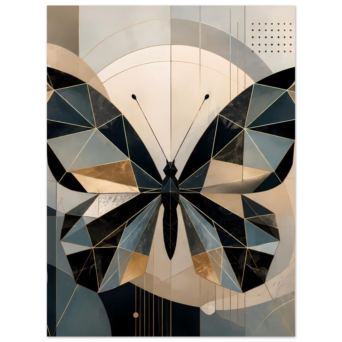 Poster mit geometrischem Schmetterling in Petrol und Gold, Flügel mit goldenen Akzenten