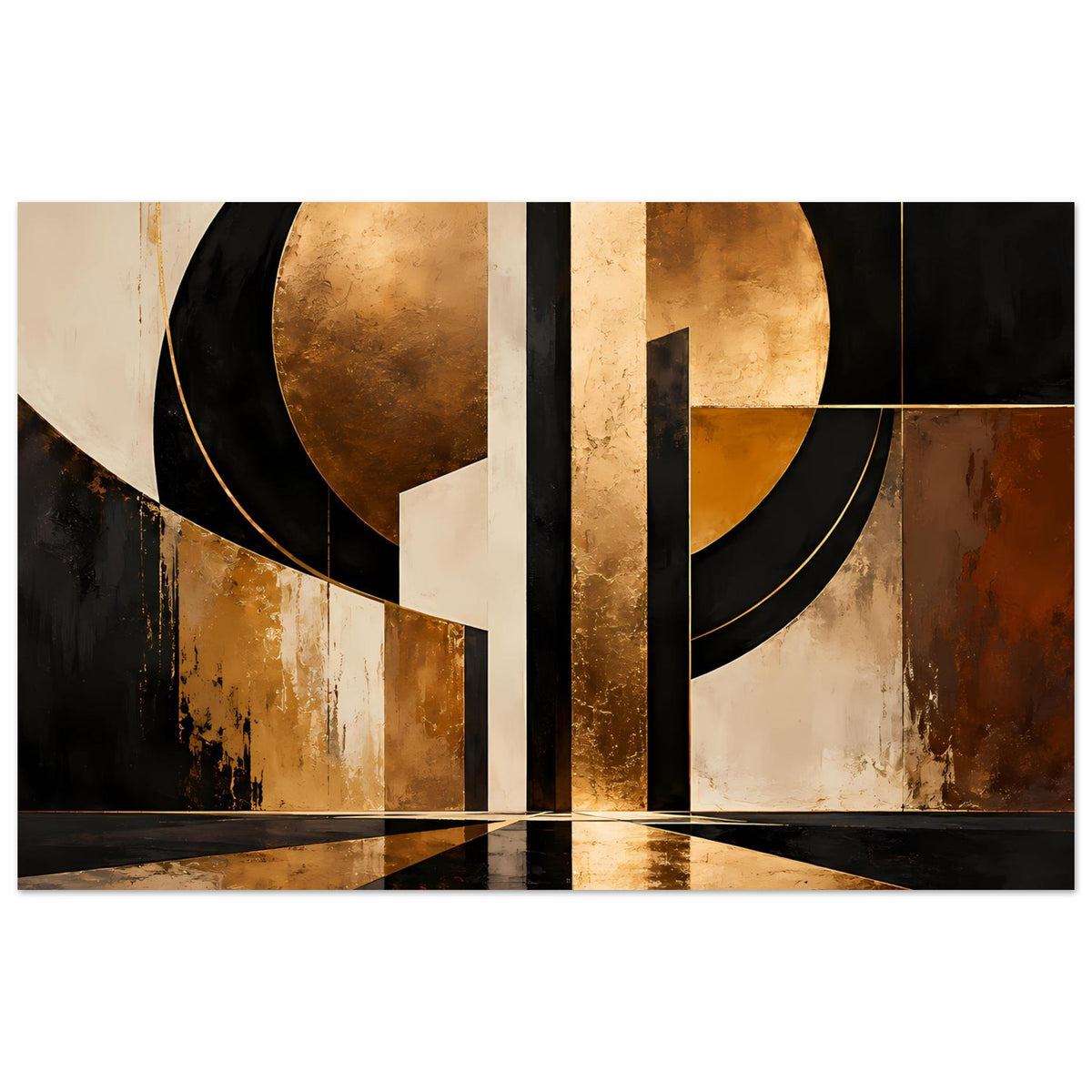 Abstraktes Art-Poster mit goldenen und schwarzen Formen, große Kreise, Querformat