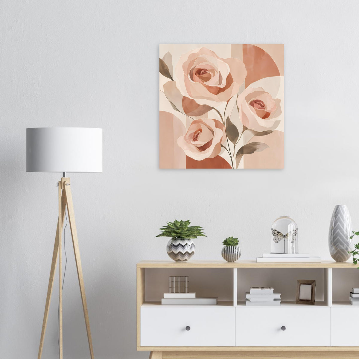 Florales Rosen-Poster in Rosa und Pfirsich mit beigen Blättern, quadratisch gerahmt.