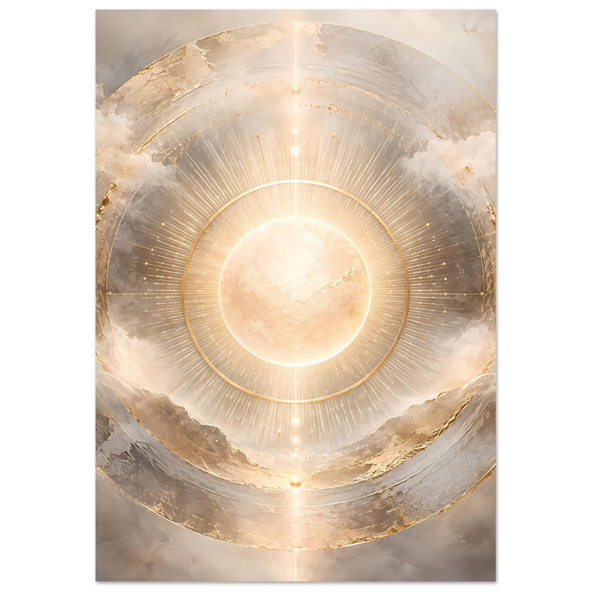 Kosmos-Poster mit zentrierter leuchtender Sonne und goldenen Kreisringen im Kosmos-Motiv